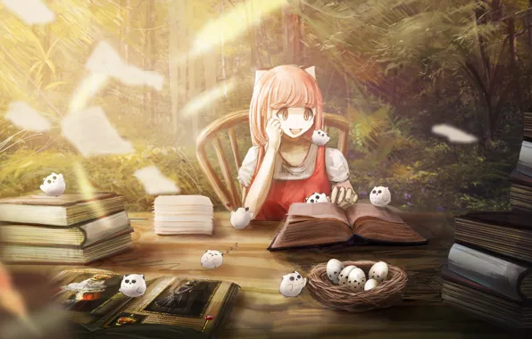 Лес, природа, стол, книги, гнездо, девочка, совята