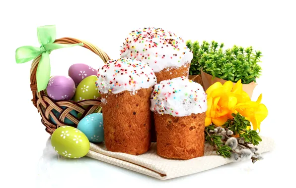 Картинка цветы, яйца, весна, Пасха, cake, кулич, flowers, Easter