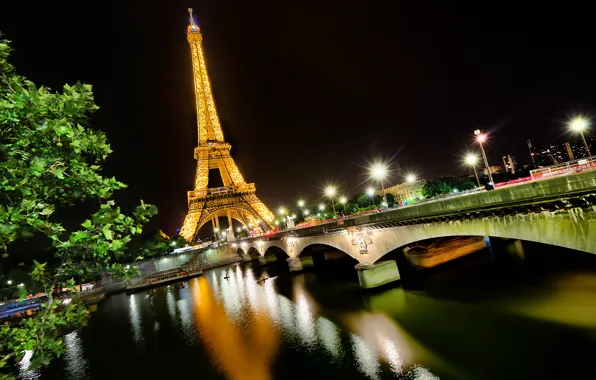 Свет, ночь, мост, город, река, Франция, Париж, Сена