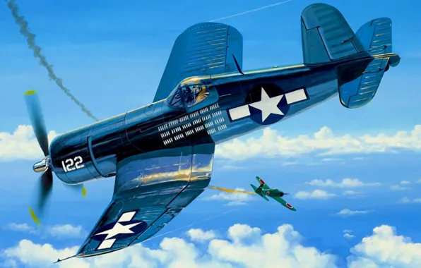 Картинка war, art, airplane, painting, aviation, ww2, Vought F4U Corsair