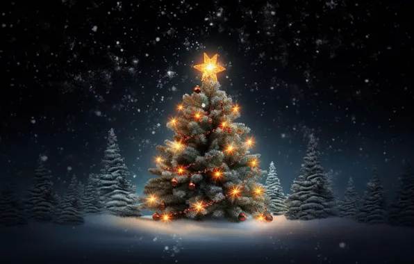 Картинка зима, лес, снег, ночь, lights, елка, Новый Год, Рождество