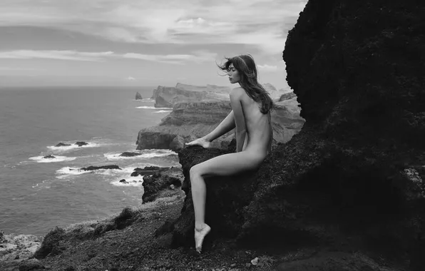 Girl, sea, coast, monochrome, rocks, nude, hair, wind