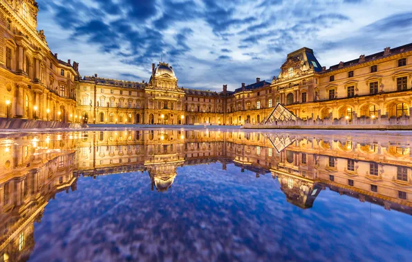 Картинка вода, отражение, Франция, Париж, здание, Лувр, Paris, музей