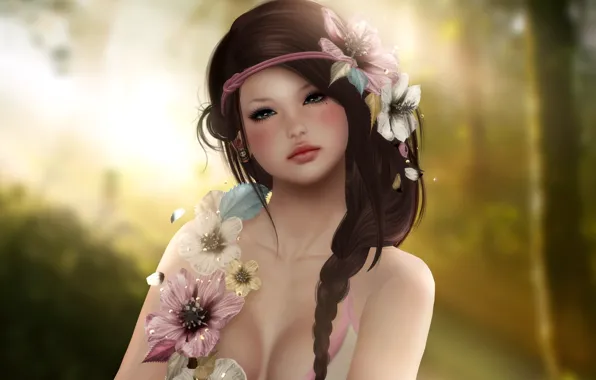 Картинка девушка, цветы, волосы, брюнетка