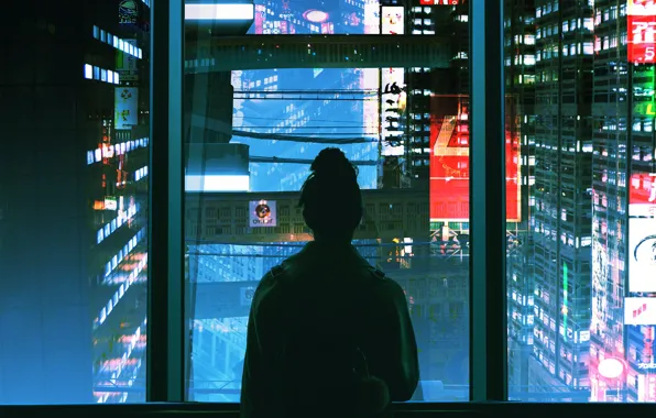 Девушка, Ночь, Город, Неон, Стиль, Girl, Силуэт, City