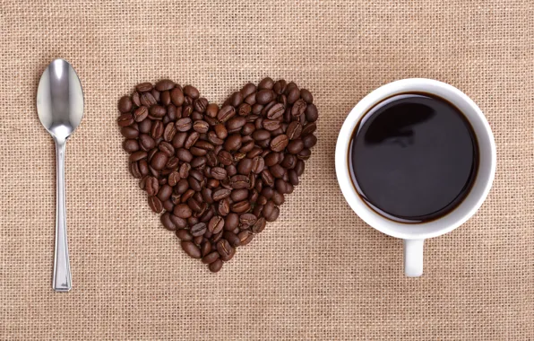Сердце, кофе, зерна, ложка, чашка, i love coffee