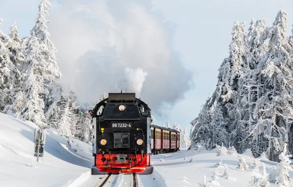 Картинка зима, лес, паровоз, железная дорога