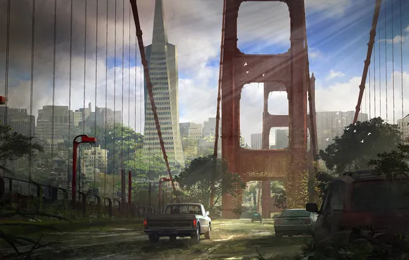 Картинка мост, город, апокалипсис, арт, The Last of Us