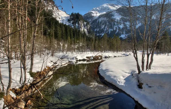 Картинка зима, вода, снег, деревья, река
