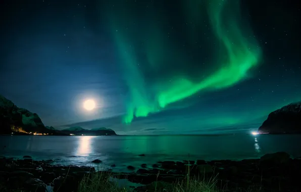 Картинка ночь, луна, северное сияние, залив, Исландия