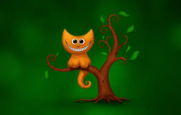 Кот, зеленый, улыбка, дерево, юмор, чеширский кот