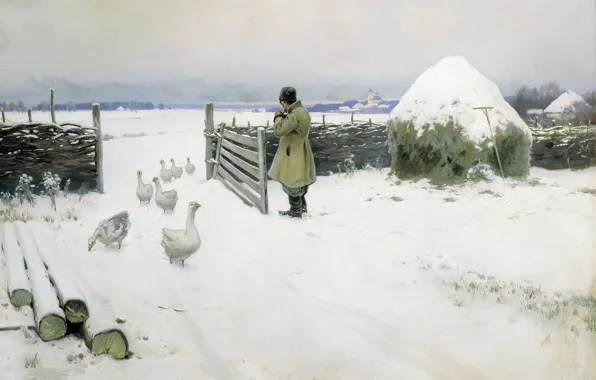 Картинка зима, снег, масло, сено, гуси, 1897, Снег выпал, Михаил ГЕРМАШЕВ (1868-1930)