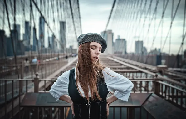 Мост, поза, волосы, Нью-Йорк, Бруклинский мост, берет, боке, Natalia Ostrofsky