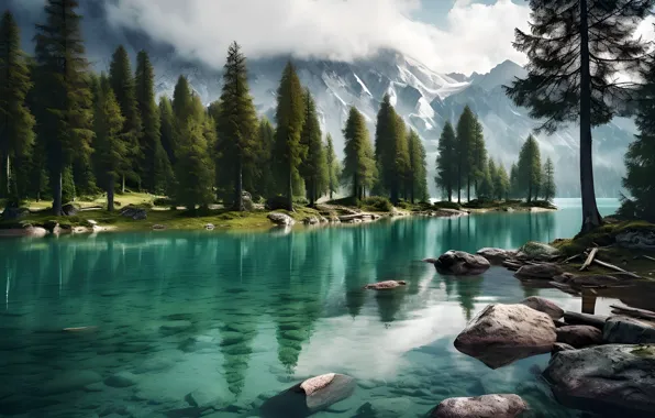 Картинка Nature, Wallpaper, Mountains, River, Rocks, Forest, Trees