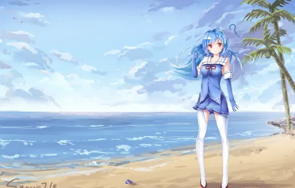 Beach, dress, anime, red eyes, sand, japanese, bishojo, suna