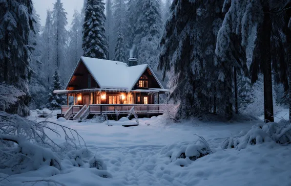 Картинка зима, лес, снег, домик, house, хижина, forest, winter