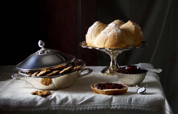 Картинка часы, еда, завтрак, печенье, хлеб, нож, натюрморт, бутерброд