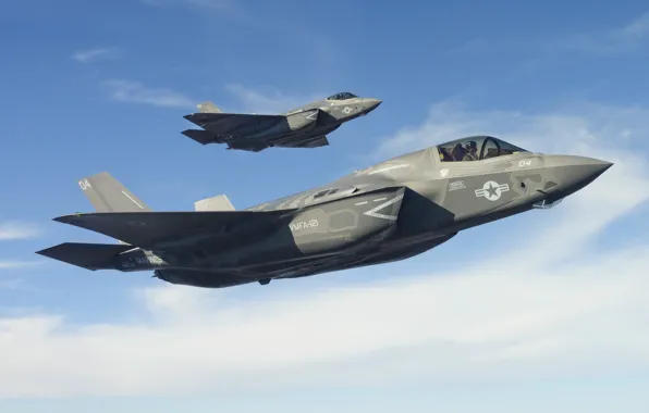 Небо, облака, полет, истребители, пара, бомбардировщики, Lightning II, F-35B