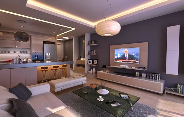 Дизайн, диван, телевизор, кухня, квартира, столик, люстры.