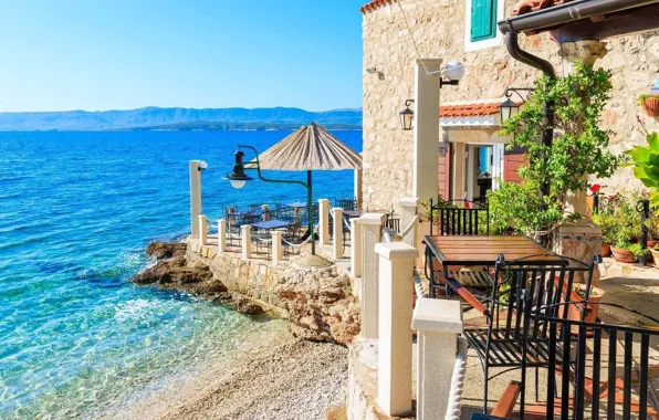 Море, вилла, ресторан, курорт, Хорватия, villa, столики, Brac