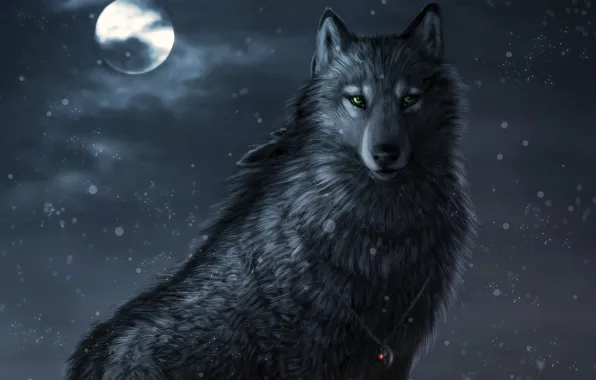 Картинка снег, ночь, луна, Волк, амулет, art, зеленые глаза, Dark_Sheyn