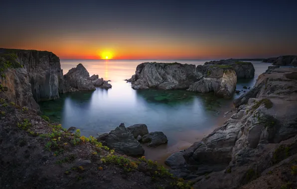 Море, закат, скалы, панорама