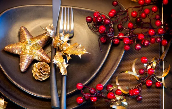 Картинка зима, стол, звезда, приборы, Новый Год, Рождество, тарелки, посуда
