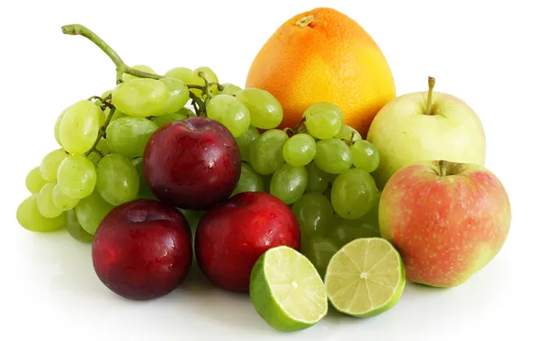 Картинка ягоды, яблоки, апельсин, виноград, лайм, фрукты, сливы