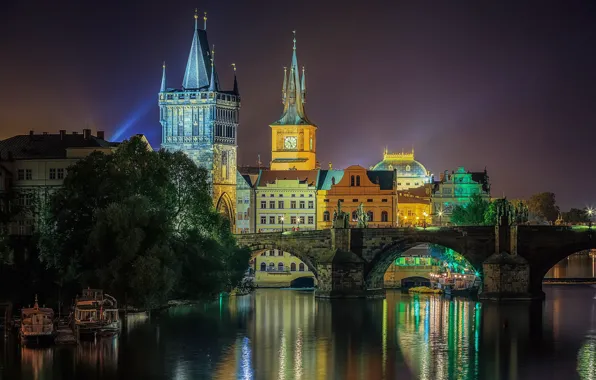 Мост, башни, освещение, старый город, Влтава, город, Прага, ночь