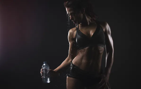 Water, pose, shadows, abs, fitness girl