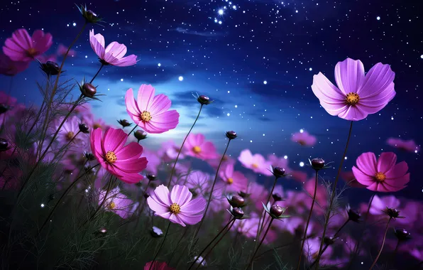 Цветы, ночь, весна, dark, pink, night, flowers, beautiful
