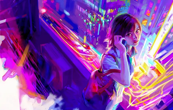Картинка девушка, город, огни, краски, арт, телефон, benjamin, Zhang Bin