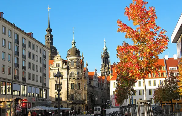 Картинка осень, небо, дерево, улица, башня, дома, Германия, Дрезден