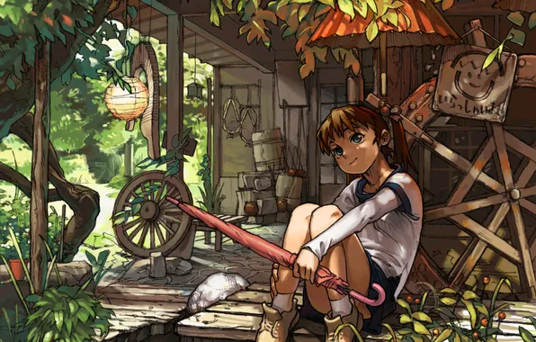 Картинка лето, дом, дерево, рисунок, зонт, девочка, jikan hakushaku