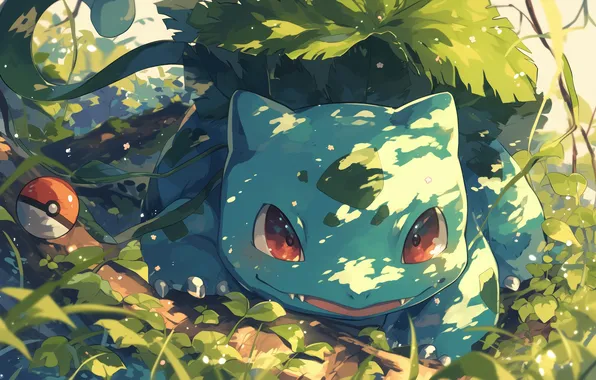 Цветок, трава, листья, покемон, pokemon, pokeball, покебол, ivysaur