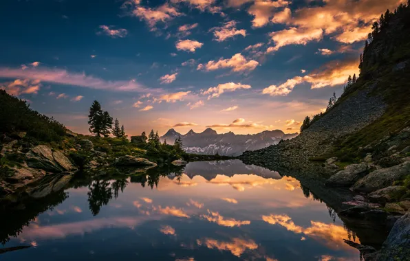 Картинка небо, горы, озеро, отражение, рассвет, утро, Австрия, Альпы