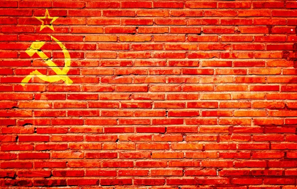 Картинка стена, текстура, флаг, СССР, кирпичи, серп и молот, красные кирпичи