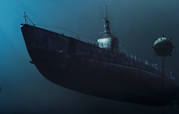 Картинка рисунок, арт, подводная лодка, мины, submarine