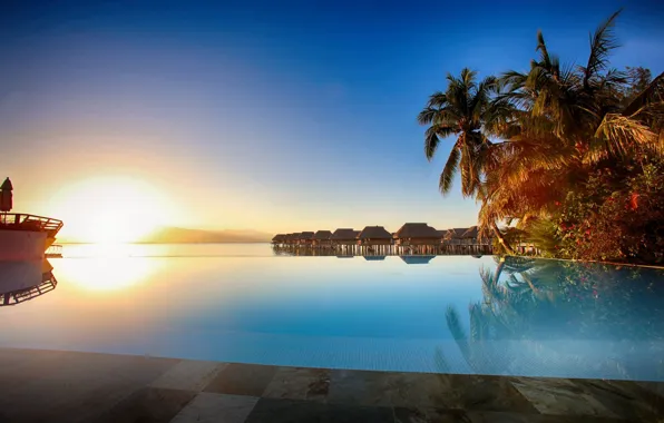 Океан, вечер, бассейн, pool, бунгало, sunset, moorea, south polynesia