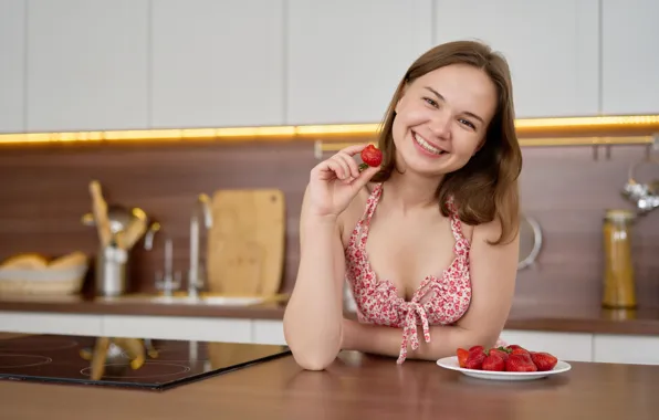 Cleavage, hot girl, brown hair, model, sexy woman, counter, photoshoot, posing