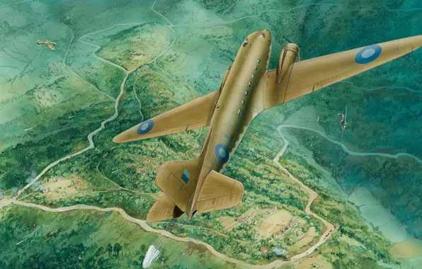 Картинка самолет, арт, художник, битва, американский, груз, транспортный, WW2