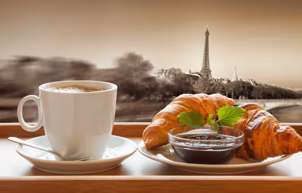 Париж, кофе, шоколад, завтрак, чашка, франция, выпечка, croissant