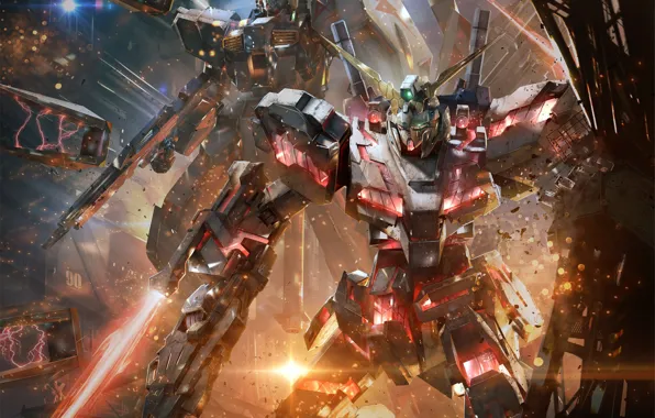 Fire, flame, sword, gun, robot, mecha, weapon, war