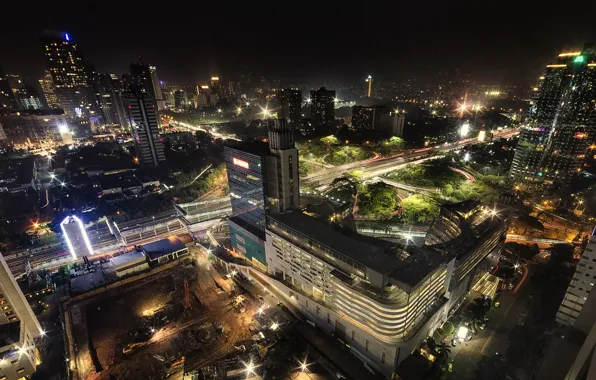Ночь, огни, дома, Индонезия, вид сверху, улицы, Jakarta