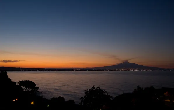 Italy, Sunset, Lights, Sea, Etna, Sicily, Catania