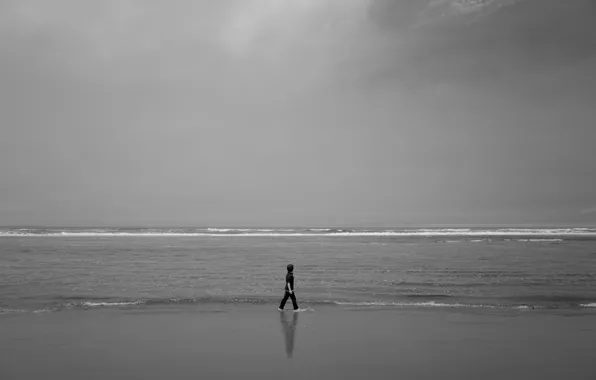 Море, волны, пляж, отражение, ребенок, тень, буря, зеркало