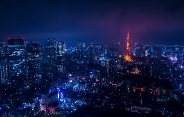 City, skyline, night, tokyo