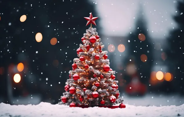 Зима, снег, украшения, фон, шары, елка, Новый Год, Рождество
