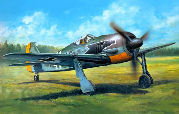 Поле, арт, самолёт, немецкий, истребитель-моноплан, WW2, одноместный, Фокке-Вульф FW - 190A – 3