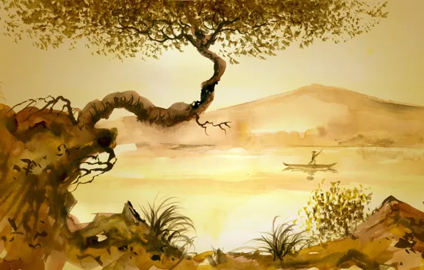 Картинка трава, река, дерево, человек, китайская живопись, джонка